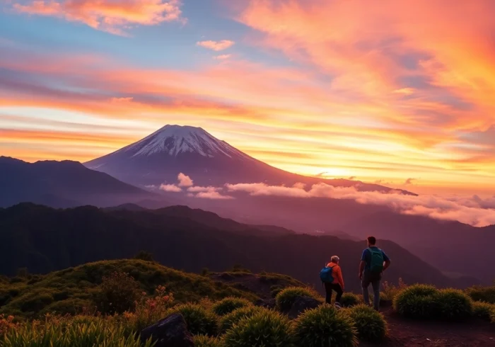 Majestic Mt. Rinjani summit with lush greenery and trekking scene capturing natural beauty and adventure.