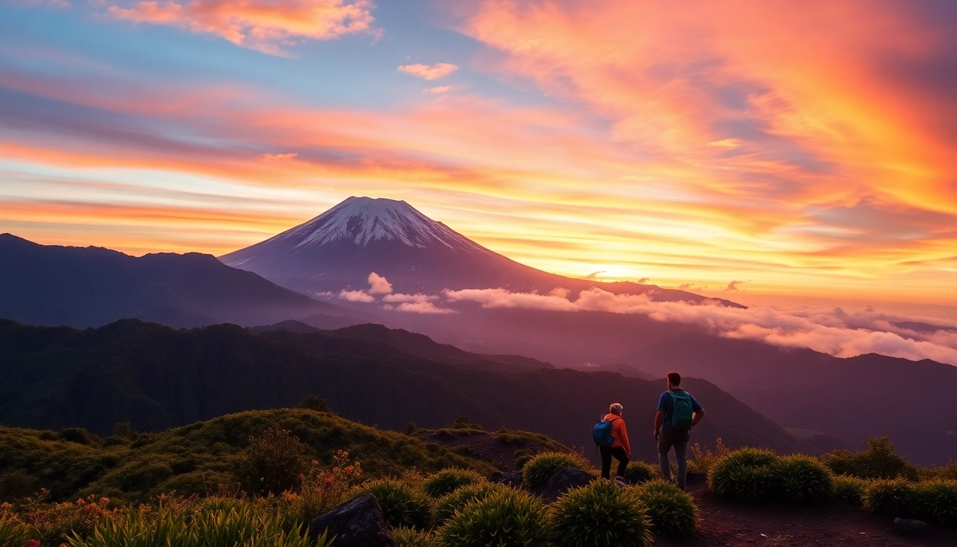 Majestic Mt. Rinjani summit with lush greenery and trekking scene capturing natural beauty and adventure.