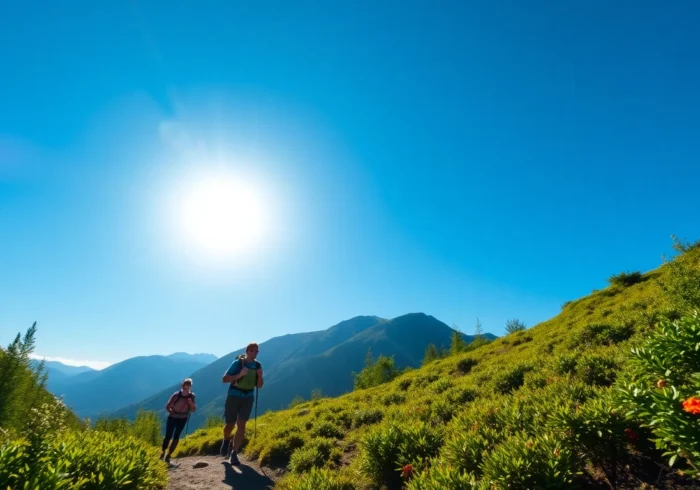 Hiking enthusiasts enjoying a trail in lush greenery, showcasing outdoor adventure in nature.