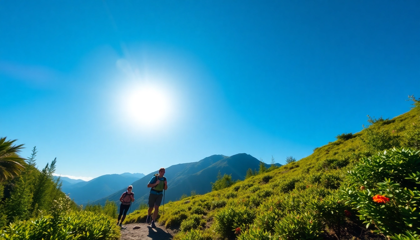 Hiking enthusiasts enjoying a trail in lush greenery, showcasing outdoor adventure in nature.