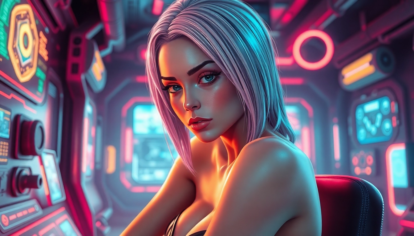 A realistic female android in a cyberpunk setting with neon lighting and holographic displays.