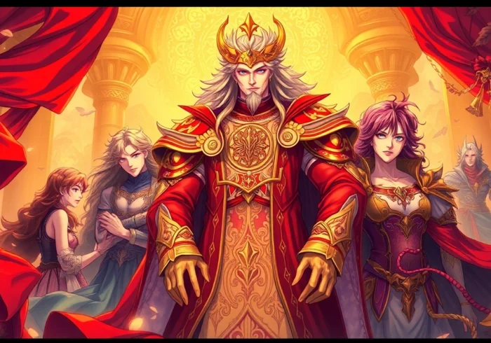 An artistic depiction of an Omegaverse scene with regal characters in a fantasy setting, illuminated by warm light.