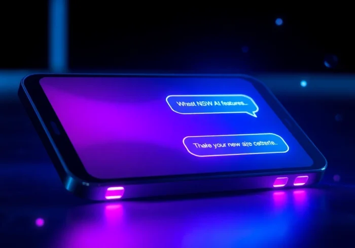 A futuristic AI chatbot interface on a high-tech device screen with neon accents and glowing text bubbles.