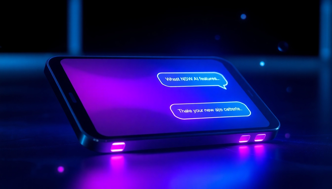 A futuristic AI chatbot interface on a high-tech device screen with neon accents and glowing text bubbles.
