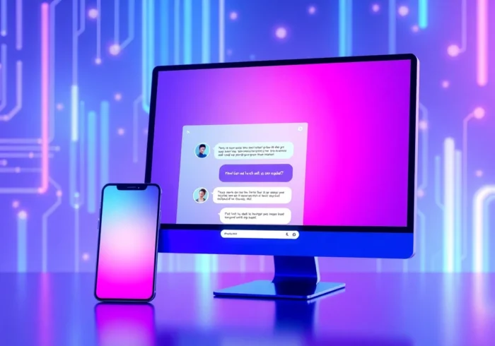 Smartphone and desktop screens displaying an AI chat conversation with neon-lit background