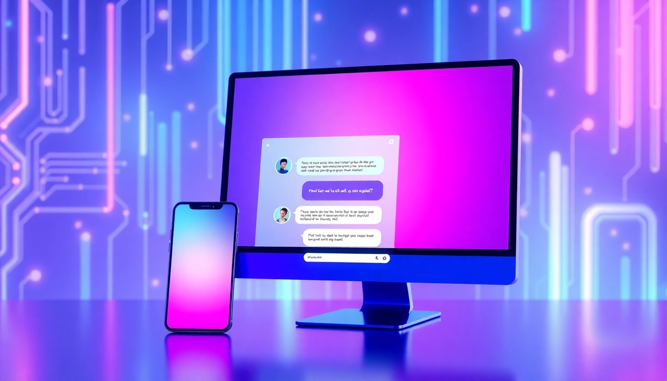 Smartphone and desktop screens displaying an AI chat conversation with neon-lit background