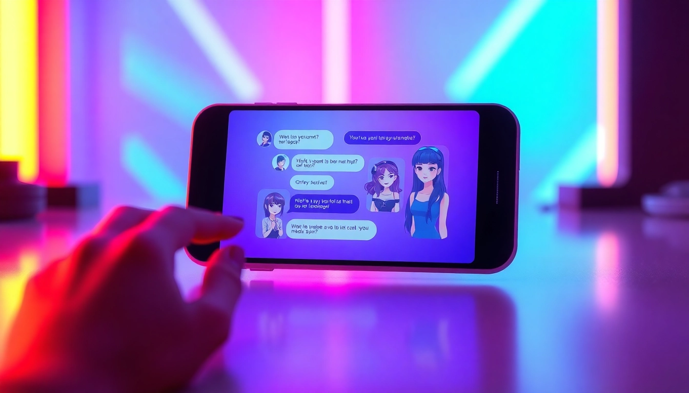 Futuristic AI chatbot interface with attractive animated characters on a neon-lit device screen.
