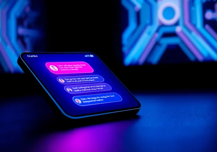 A futuristic smartphone displaying an AI chatbot interface with vibrant colors and digital patterns.