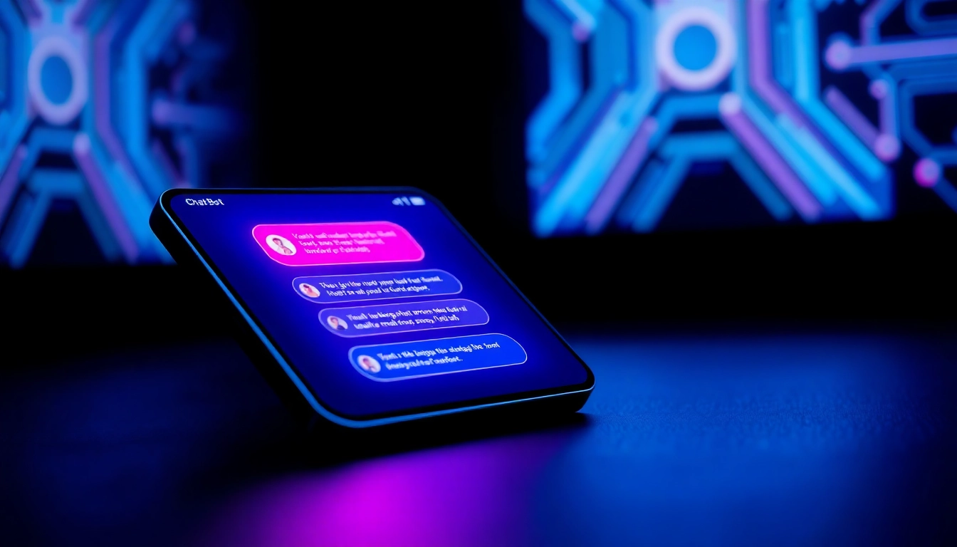 A futuristic smartphone displaying an AI chatbot interface with vibrant colors and digital patterns.