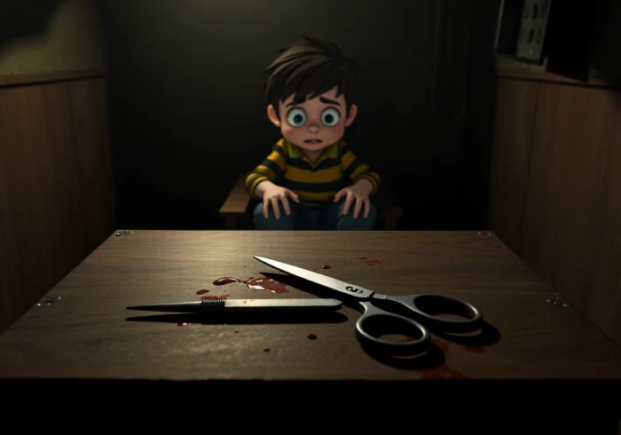 A disturbing scene of Harvey seated at a cluttered table with blood-stained tools, set in a dark, tense environment, illustrating psychological horror and moral conflict.