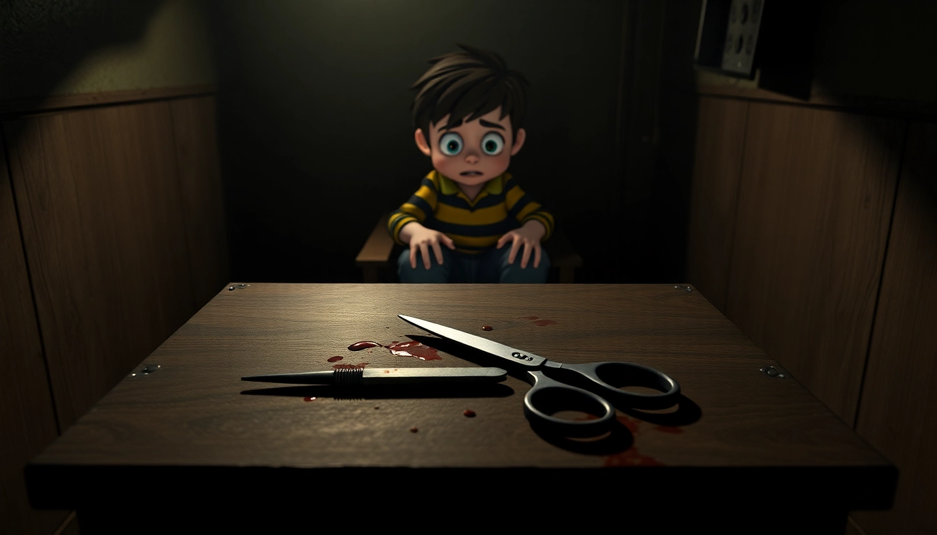 A disturbing scene of Harvey seated at a cluttered table with blood-stained tools, set in a dark, tense environment, illustrating psychological horror and moral conflict.