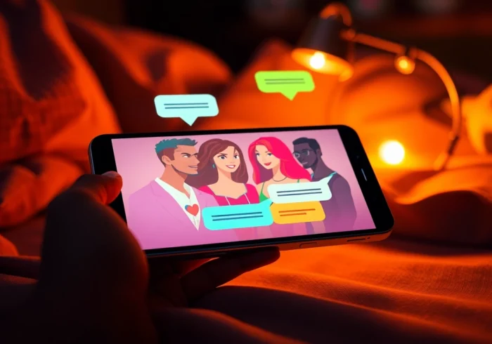 Illustration of a mobile device with chat bubbles and avatars, glowing in a cozy, modern environment, conveying intimacy and connection.