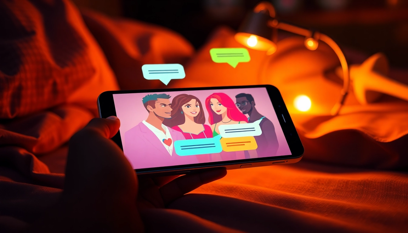 Illustration of a mobile device with chat bubbles and avatars, glowing in a cozy, modern environment, conveying intimacy and connection.