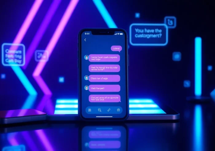 Futuristic AI chatbot interface on multiple devices with neon accents and holographic conversation elements.