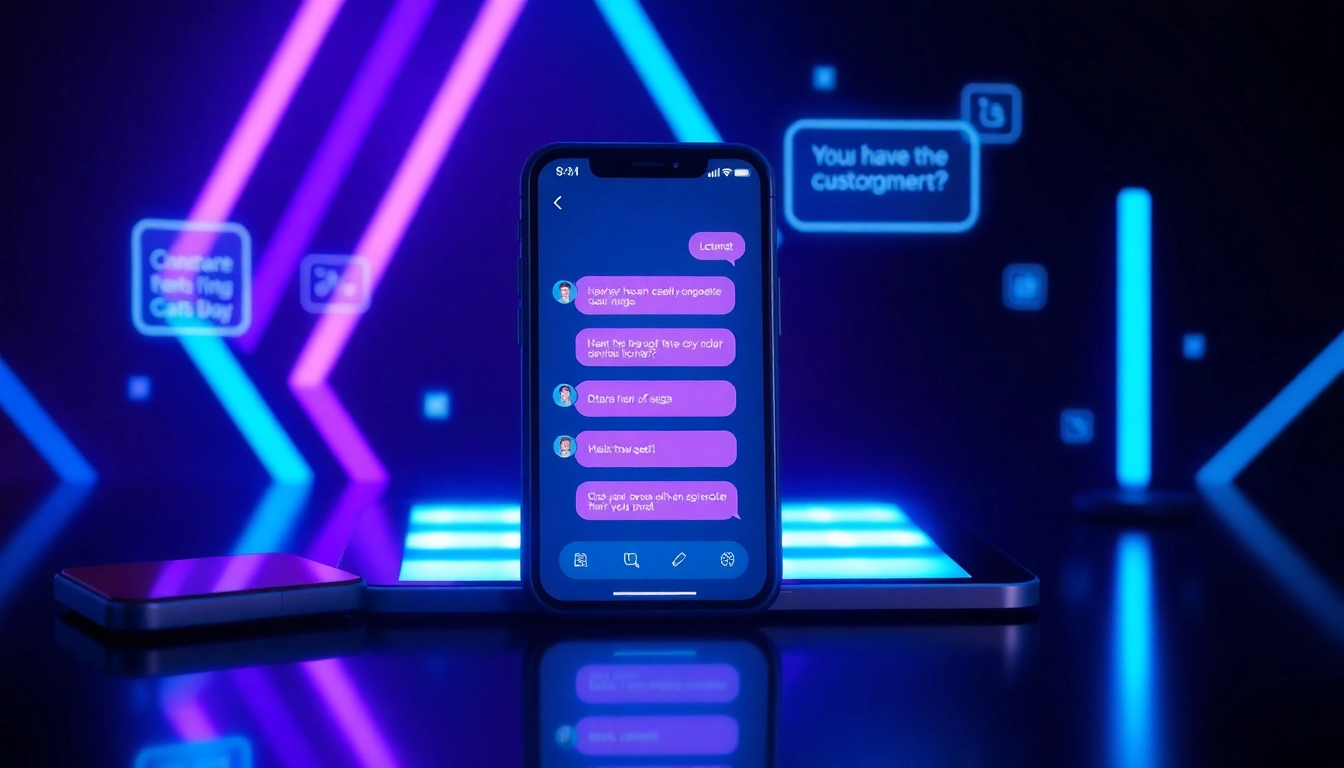 Futuristic AI chatbot interface on multiple devices with neon accents and holographic conversation elements.