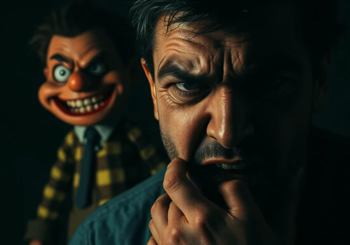 A distressed man facing a disturbing figure of Harvey in a dark, gritty horror scene.