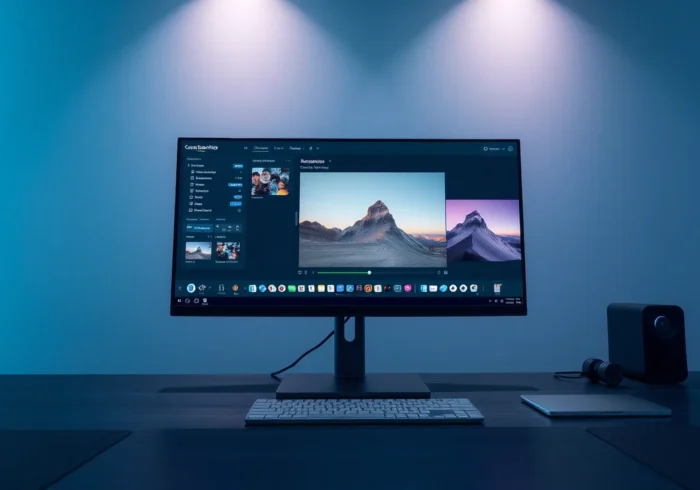 A futuristic workspace with Nano Banana AI interface displaying advanced image editing features on a sleek monitor.