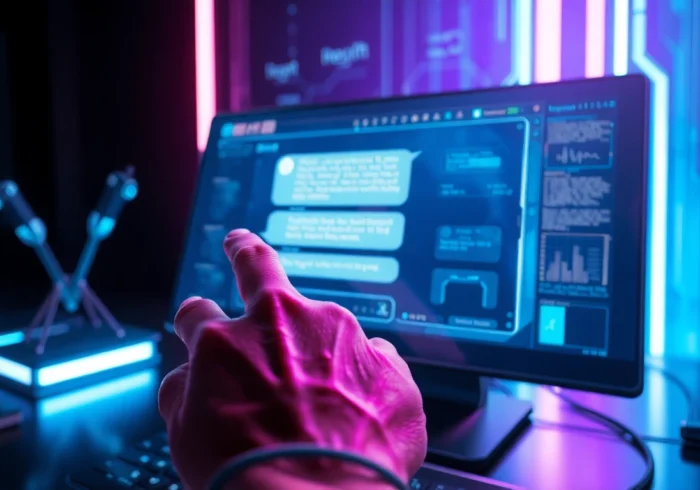 A futuristic workspace with an AI chatbot interface on a screen, glowing with neon lights and digital elements.