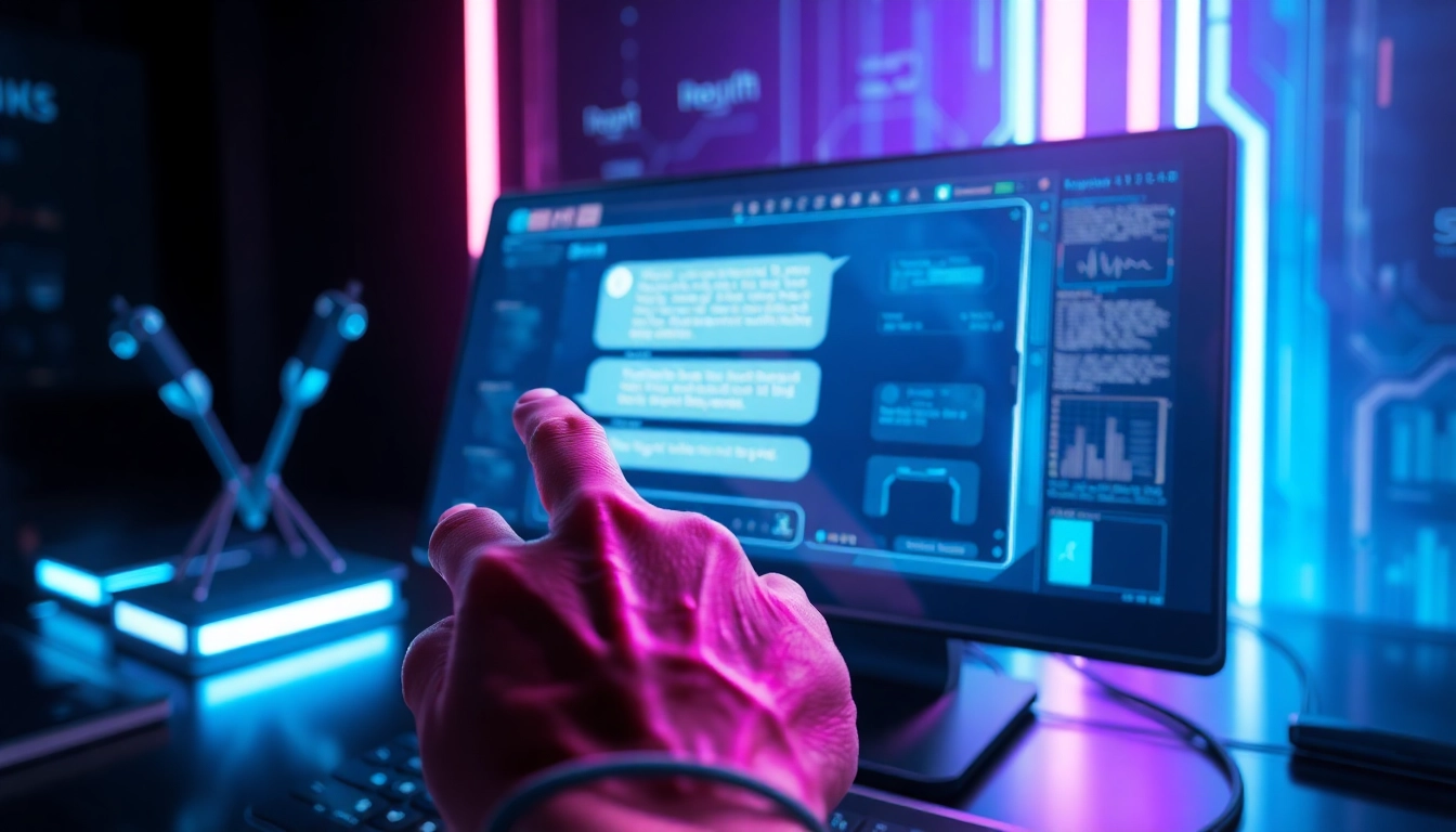 A futuristic workspace with an AI chatbot interface on a screen, glowing with neon lights and digital elements.
