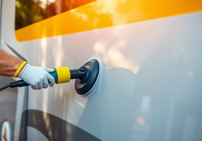 Professional applying Wohnmobil Politursiegelung to a camper van for durable gloss finish and