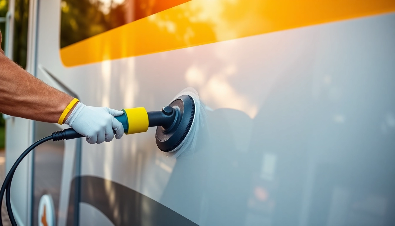 Professional applying Wohnmobil Politursiegelung to a camper van for durable gloss finish and