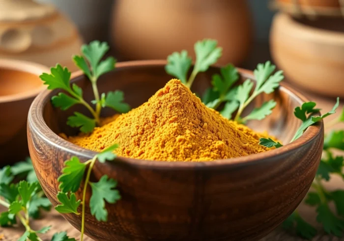 Coriander Powder displayed in a bowl with fresh coriander leaves, highlighting its aromatic