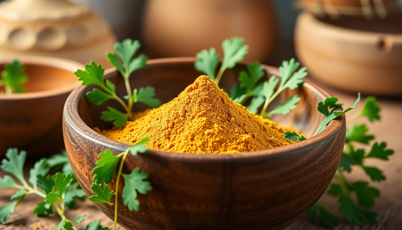 Coriander Powder displayed in a bowl with fresh coriander leaves, highlighting its aromatic