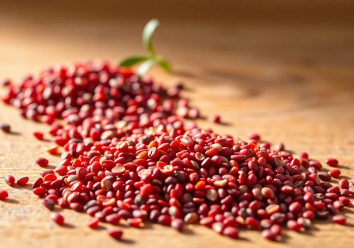 Healthy red quinoa seeds in a rustic bowl, emphasizing high-quality organic grains for