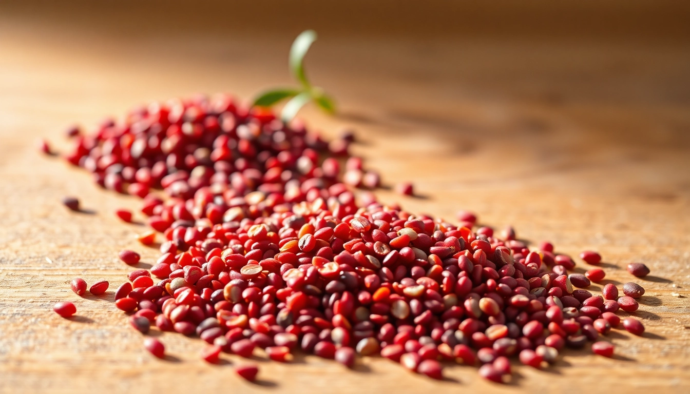 Healthy red quinoa seeds in a rustic bowl, emphasizing high-quality organic grains for